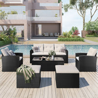 6 - piece All - Weather Wicker PE rattan Patio Outdoor Dining Conversation Sectional Set with coffee table, wicker sofas, ottomans, removable cushions (Black wicker, Beige cushion) - 7DAY'S