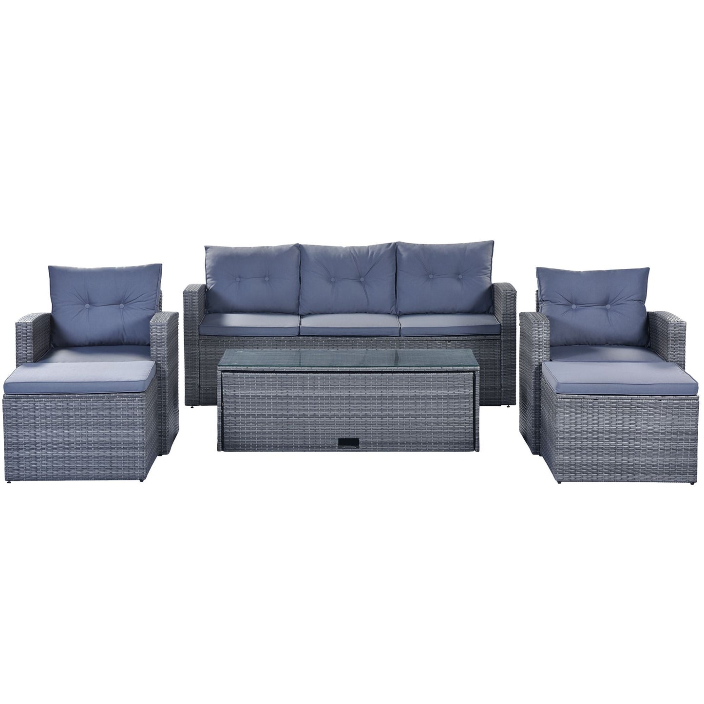 6 - piece All - Weather Wicker PE rattan Patio Outdoor Dining Conversation Sectional Set with coffee table, wicker sofas, ottomans, removable cushions (Black wicker, Beige cushion) - 7DAY'S