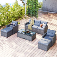 6 - piece All - Weather Wicker PE rattan Patio Outdoor Dining Conversation Sectional Set with coffee table, wicker sofas, ottomans, removable cushions (Black wicker, Beige cushion) - 7DAY'S