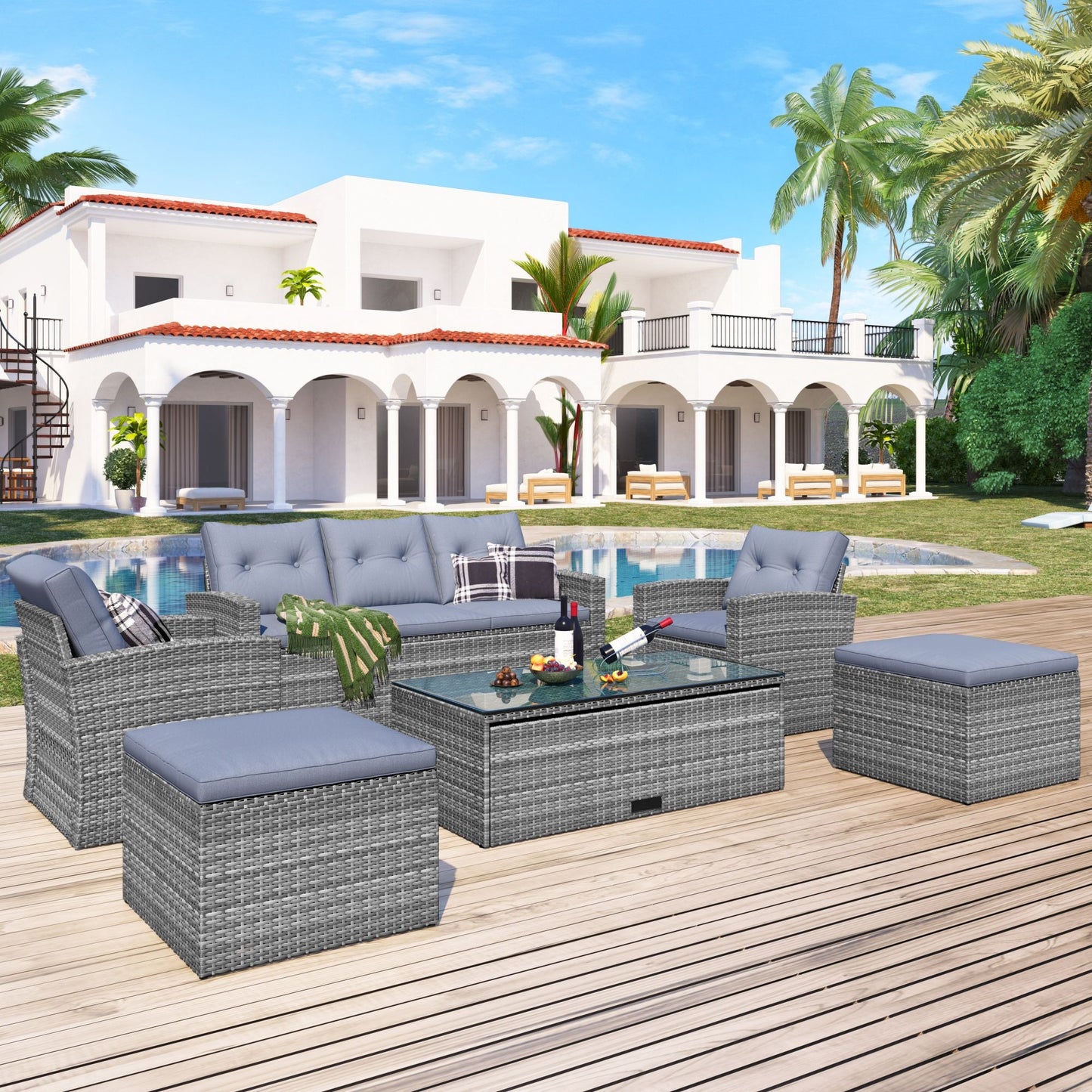 6 - piece All - Weather Wicker PE rattan Patio Outdoor Dining Conversation Sectional Set with coffee table, wicker sofas, ottomans, removable cushions (Black wicker, Beige cushion) - 7DAY'S