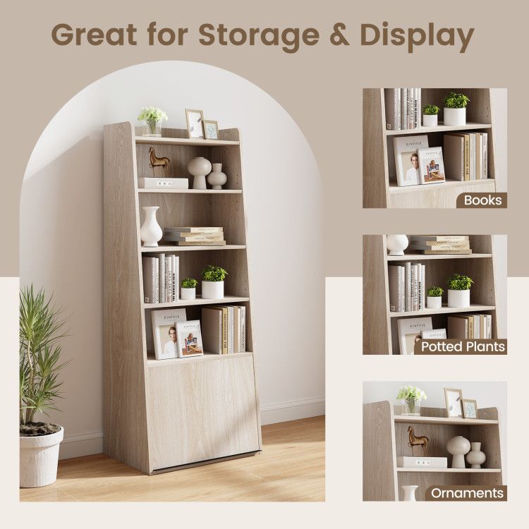 6 - Tier Bookcase Freestanding Ladder Bookshelf with 2 Adjustable Shelves and Flip Up Door - 7DAY'S