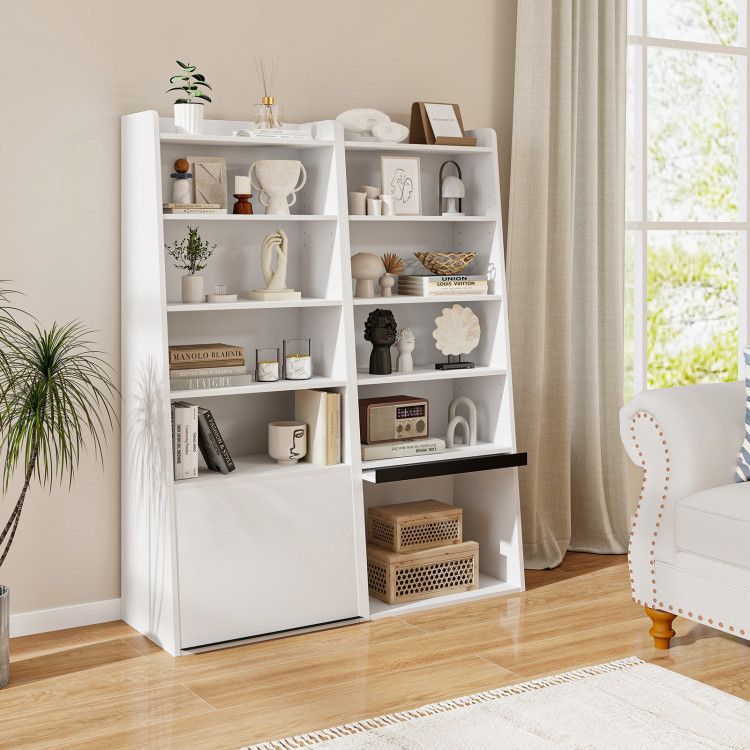 6 - Tier Bookcase Freestanding Ladder Bookshelf with 2 Adjustable Shelves and Flip Up Door - 7DAY'S