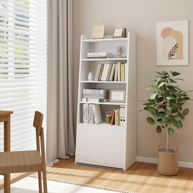 6 - Tier Bookcase Freestanding Ladder Bookshelf with 2 Adjustable Shelves and Flip Up Door - 7DAY'S