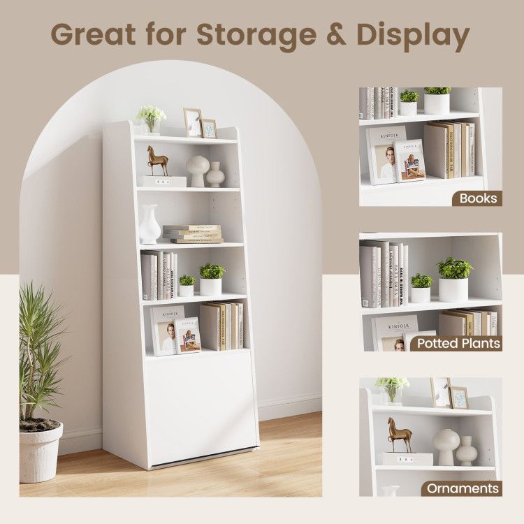 6 - Tier Bookcase Freestanding Ladder Bookshelf with 2 Adjustable Shelves and Flip Up Door - 7DAY'S