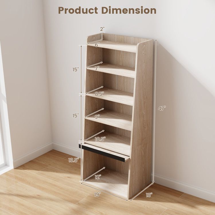 6 - Tier Bookcase Freestanding Ladder Bookshelf with 2 Adjustable Shelves and Flip Up Door - 7DAY'S