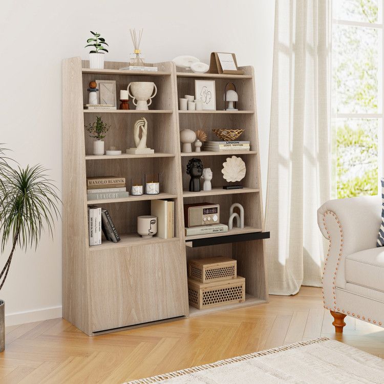 6 - Tier Bookcase Freestanding Ladder Bookshelf with 2 Adjustable Shelves and Flip Up Door - 7DAY'S