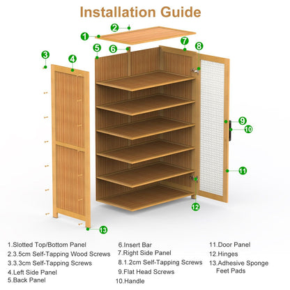 6 - Tier Shoe Cabinet with Bamboo Shoe Rack Freestanding Shoe Organizer with 2 Hollow Doors and Handles 154lbs Max Load for Closet Hallway Living Room - 7DAY'S