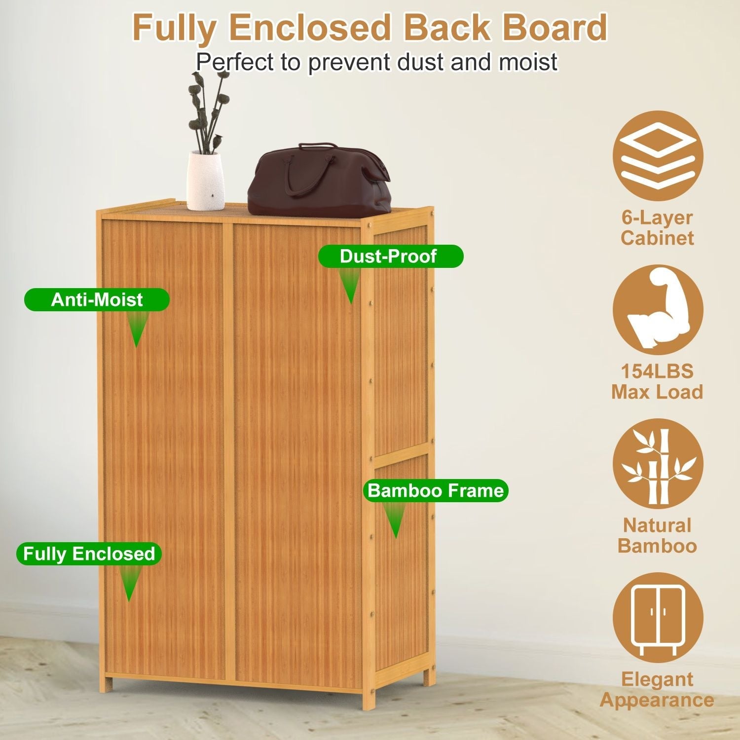 6 - Tier Shoe Cabinet with Bamboo Shoe Rack Freestanding Shoe Organizer with 2 Hollow Doors and Handles 154lbs Max Load for Closet Hallway Living Room - 7DAY'S