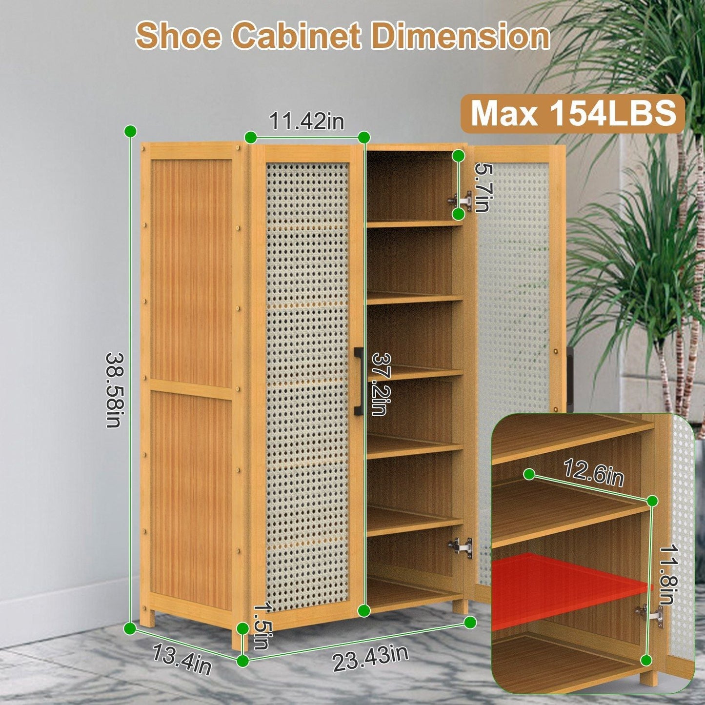 6 - Tier Shoe Cabinet with Bamboo Shoe Rack Freestanding Shoe Organizer with 2 Hollow Doors and Handles 154lbs Max Load for Closet Hallway Living Room - 7DAY'S