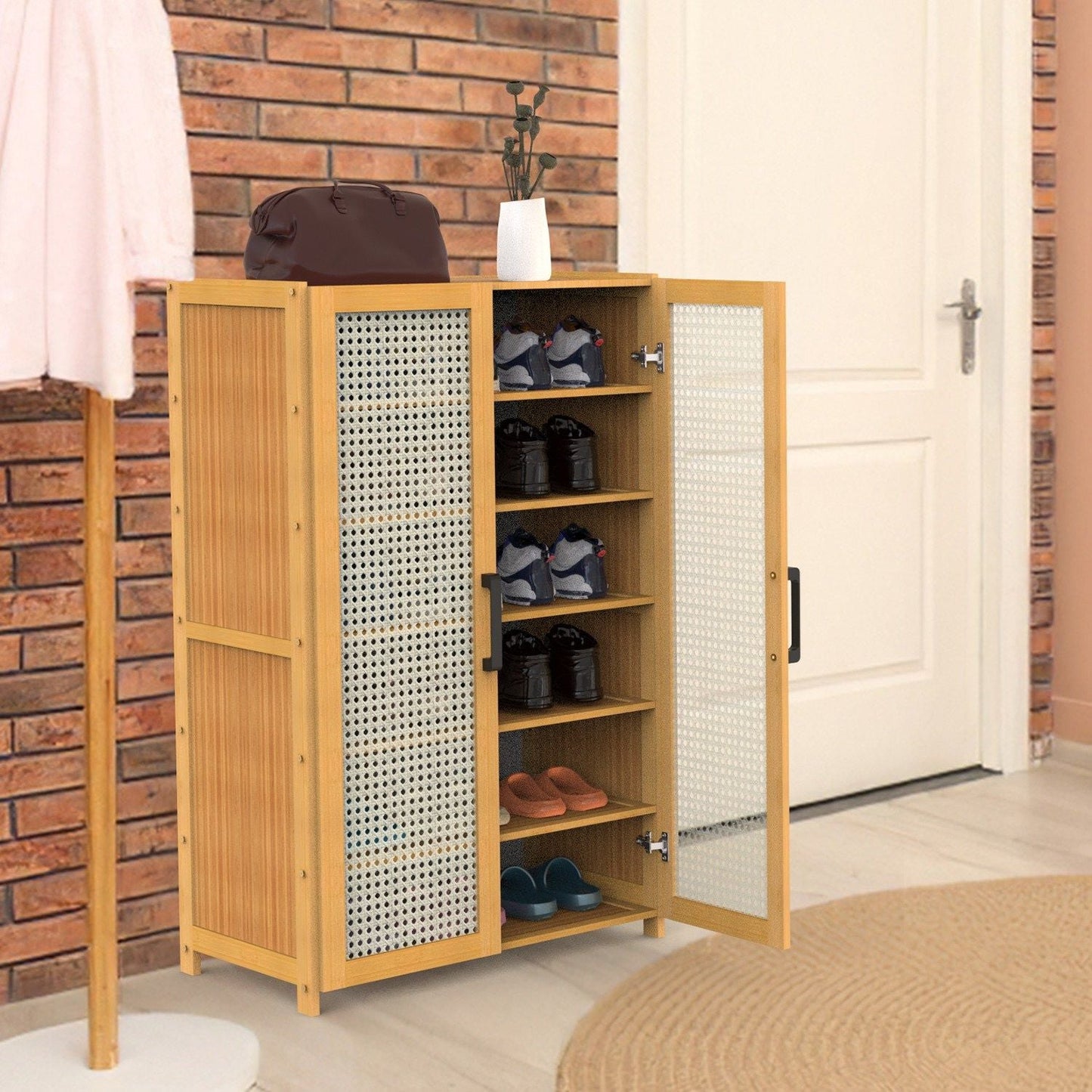 6 - Tier Shoe Cabinet with Bamboo Shoe Rack Freestanding Shoe Organizer with 2 Hollow Doors and Handles 154lbs Max Load for Closet Hallway Living Room - 7DAY'S