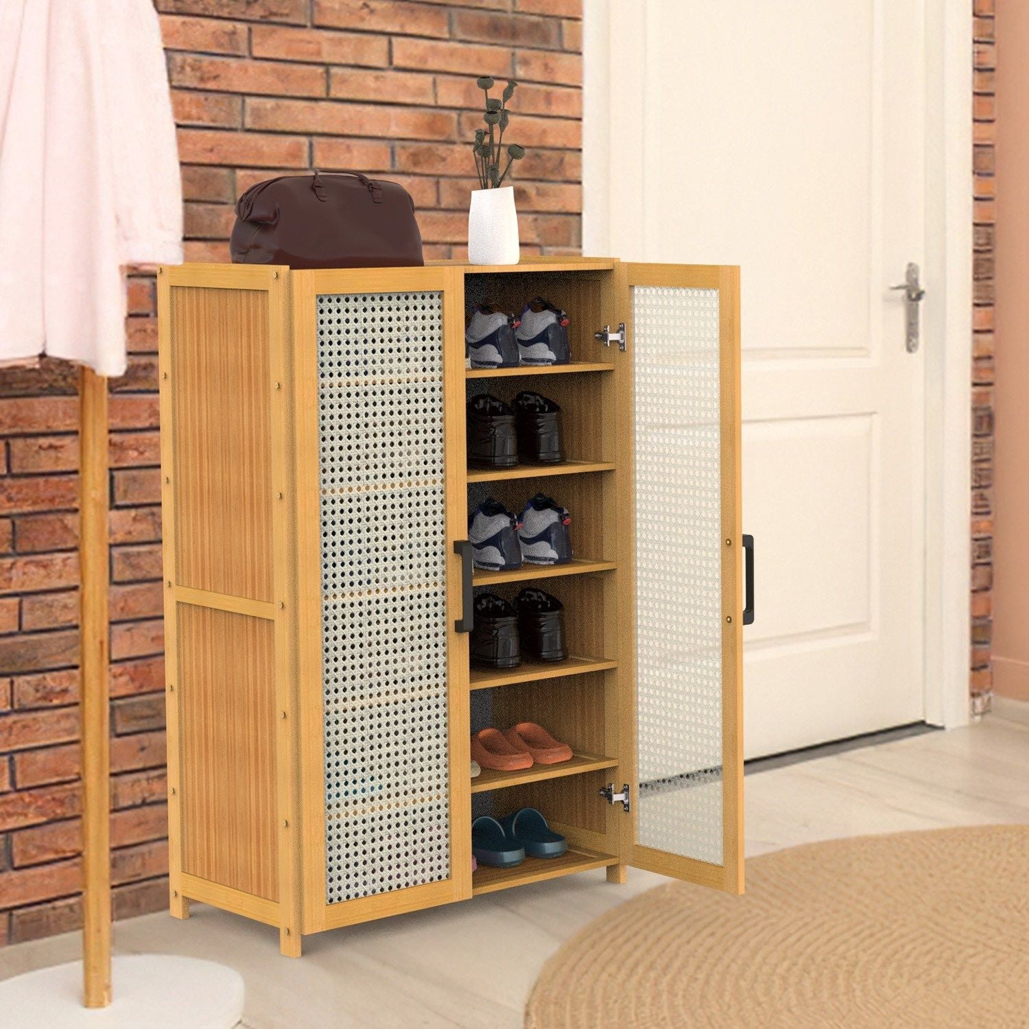 6 - Tier Shoe Cabinet with Bamboo Shoe Rack Freestanding Shoe Organizer with 2 Hollow Doors and Handles 154lbs Max Load for Closet Hallway Living Room - 7DAY'S