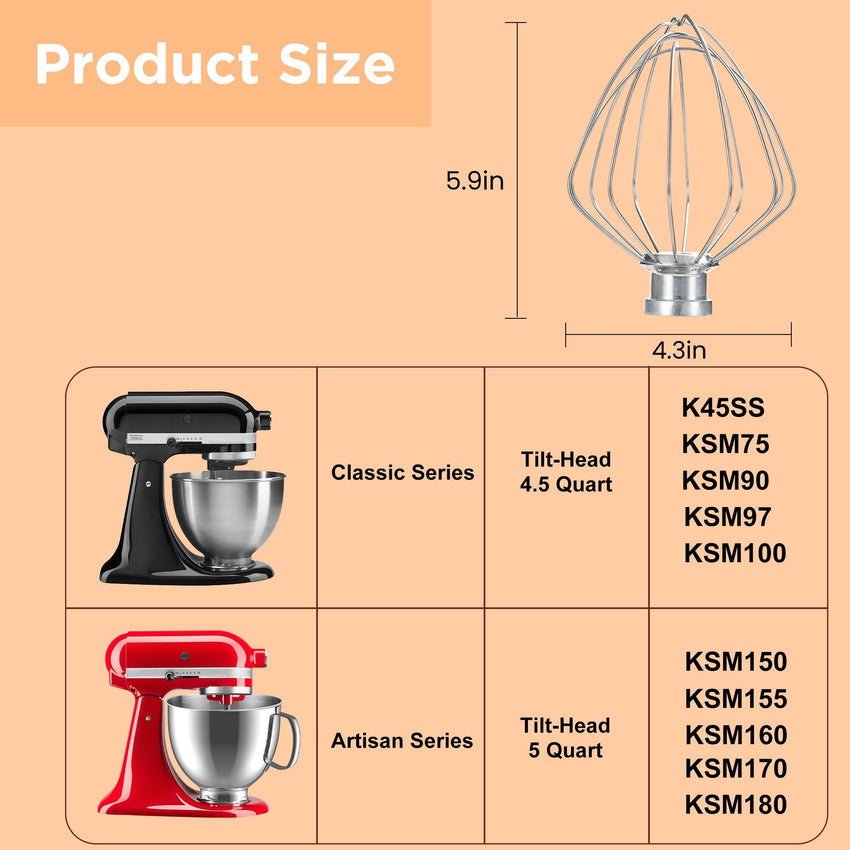 6 - Wire Whipped cream Attachment for KitchenAid 4.5 - 5 Quart Tilt - Head Stand Mixer, K45WW accessory Replacement, Egg Cream Stirrer, Cake Mayonnaise Whisk, Whipping Egg White(Not for dishwasher) - 7DAY'S