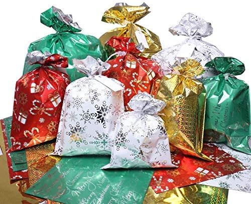 WesGen Christmas Gift Bags, 32Pcs Santa Wrapping Bag in 4 Sizes and 4 Designs with Ribbon Ties and Tags for Wrapping Holiday