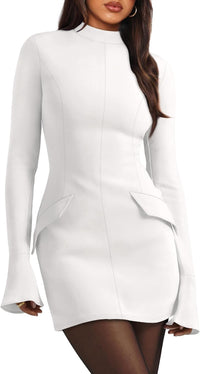 OFEEFAN Women's Fall Long Sleeve Mock Neck Dress Basic Party Club Bodycon Mini Dresses