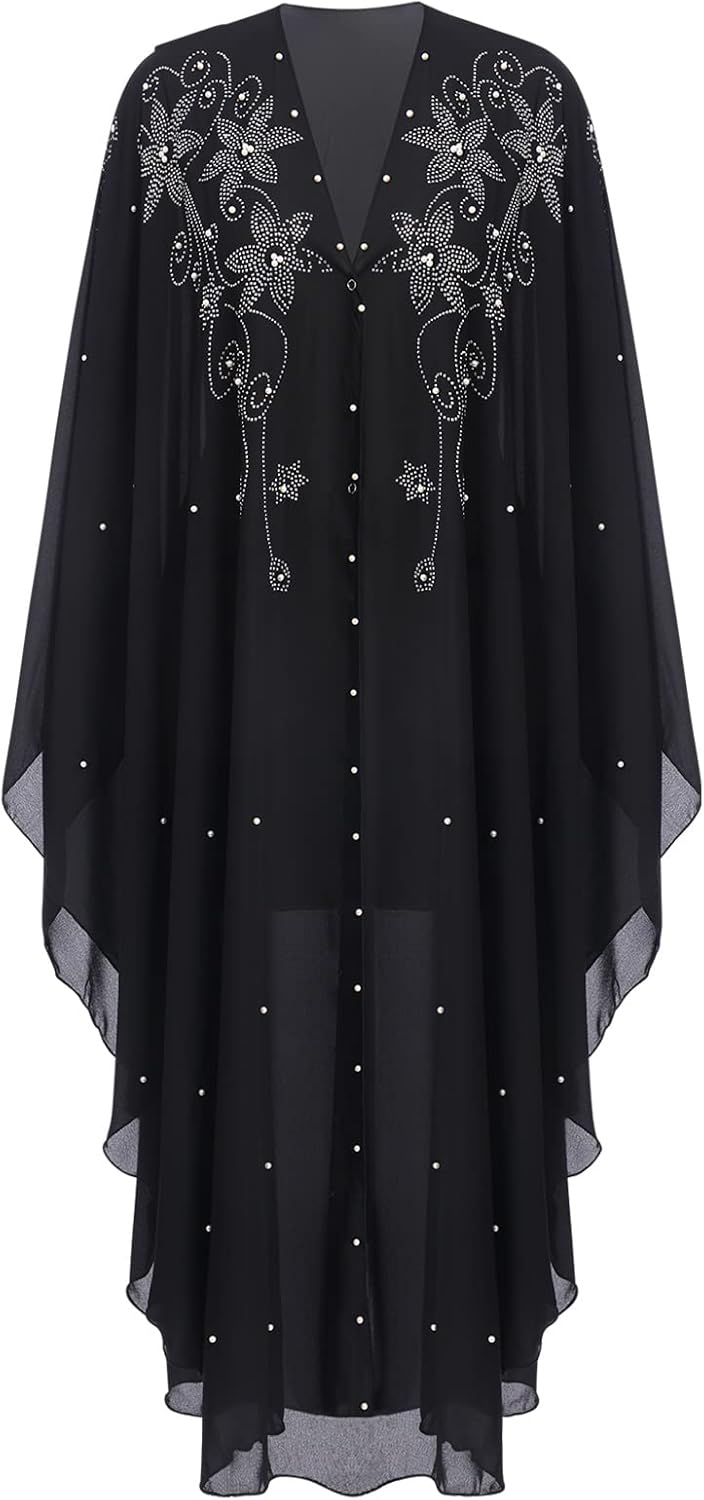 OBEEII Muslim Dress for Women Loose Batwing Sleeved Hooded Beaded Embroidery Long Abaya Dress Kaftan Abayas Islamic Robe