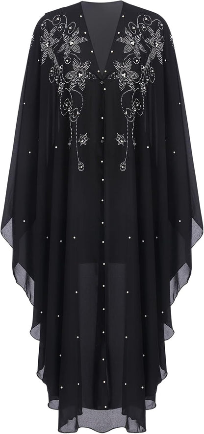 OBEEII Muslim Dress for Women Loose Batwing Sleeved Hooded Beaded Embroidery Long Abaya Dress Kaftan Abayas Islamic Robe