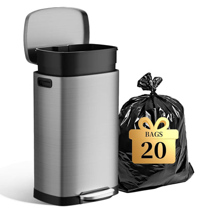 13 Gallon Trash Can with Lid, 50L Fingerprint Proof Stainless Steel Kitchen Trash Can with Removable Inner Bucket and Lid Soft Close, Pedal Rubbish Bin for Home Office（Silver）