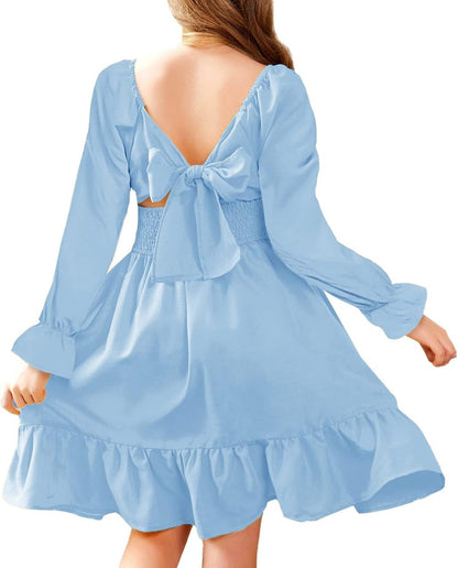 Arshiner Girls Dresses Long Sleeve Tie Back Fall Winter Off Shoulder Dress Kids Clothes