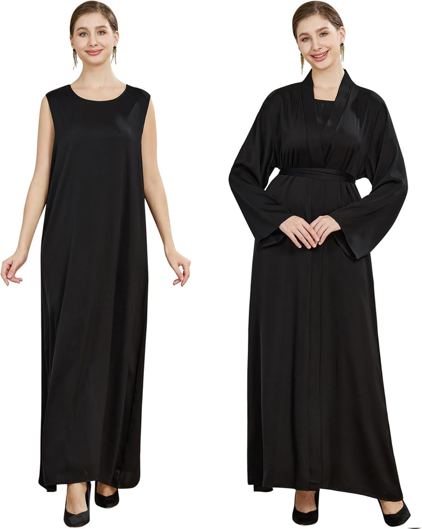 khalat Women Muslim Abaya Dress 2PCS Lightweight Satin Abaya Dress for Women Islamic Dubai Modest Kaftan Prayer Dress