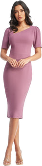 Dress the Population Womens Ruth Short Puff Sleeves Asymmetrical Neckline Bodycon Midi Dress