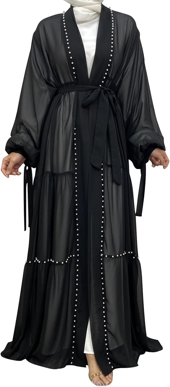 Abayas For Women Muslim Ramadan Long Sleeve Open Front Imitation Pearls Tiered Chiffon Dress Cardigan with Belt Dubai Kaftan