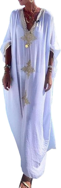 Bsubseach Gold Embroidery Long Kaftan Dresses V Neck Caftan Dress Beach Cover Ups for Women Embroidery