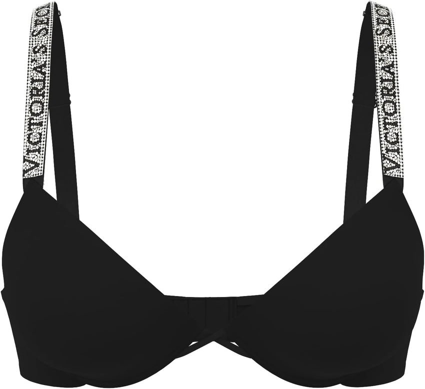 Victoria's Secret Very Sexy Logo Shine Strap Push-Up Bra, Adds One Cup Size, Padded, Plunge Neckline, Bras for Women, Black Shine, 32C