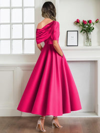 Tea Length Mother of Bride Dresses for Women Satin One Shoulder Wedding Guest Dress Formal Evening Party Gown with Pocket