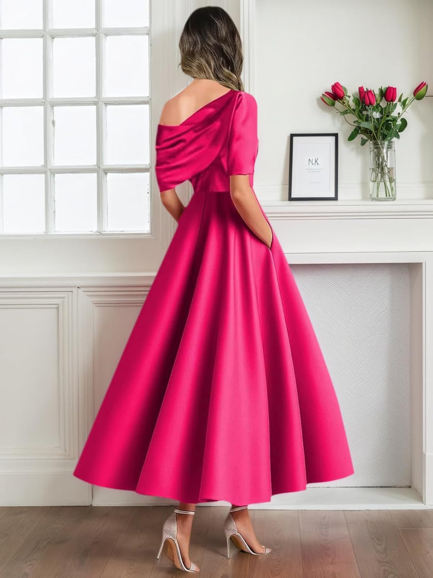 Tea Length Mother of Bride Dresses for Women Satin One Shoulder Wedding Guest Dress Formal Evening Party Gown with Pocket