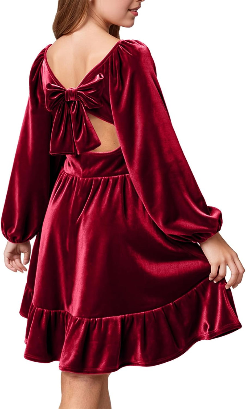 Girls Christmas Dress Fall Velvet Tie Back Long Sleeve Elegant Party Gifts for Outfits Kids Teen Winter Dresses