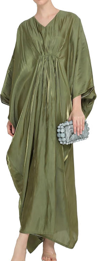 Panegy Women's Shiny Long Dress V-Neck Batwing Sleeve Kaftan Dress Solid Ethnic Maxi Robe
