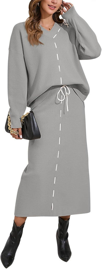 Pink Queen 2025 Women's 2 Piece Sweater Set V Neck Rib Knit Long Sleeve Maxi Bodycon Skirt Casual Outfits