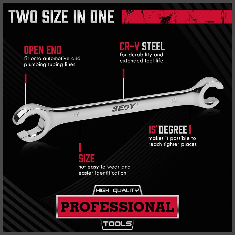 SEDY 4-Piece Flare Nut Wrench Set, Offset End Spanner Metric 9 10 11 12 13 14 15 17mm, CR-V Steel Storage Pouch Repair and Remove Nuts on Fuel Tube Hose Transmission Line