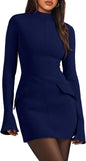 OFEEFAN Women's Fall Long Sleeve Mock Neck Dress Basic Party Club Bodycon Mini Dresses