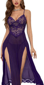 Sexy Split Mesh Lace Floral Sheer Babydoll Lingerie Outfit Dress 2 Piece with Thong Set