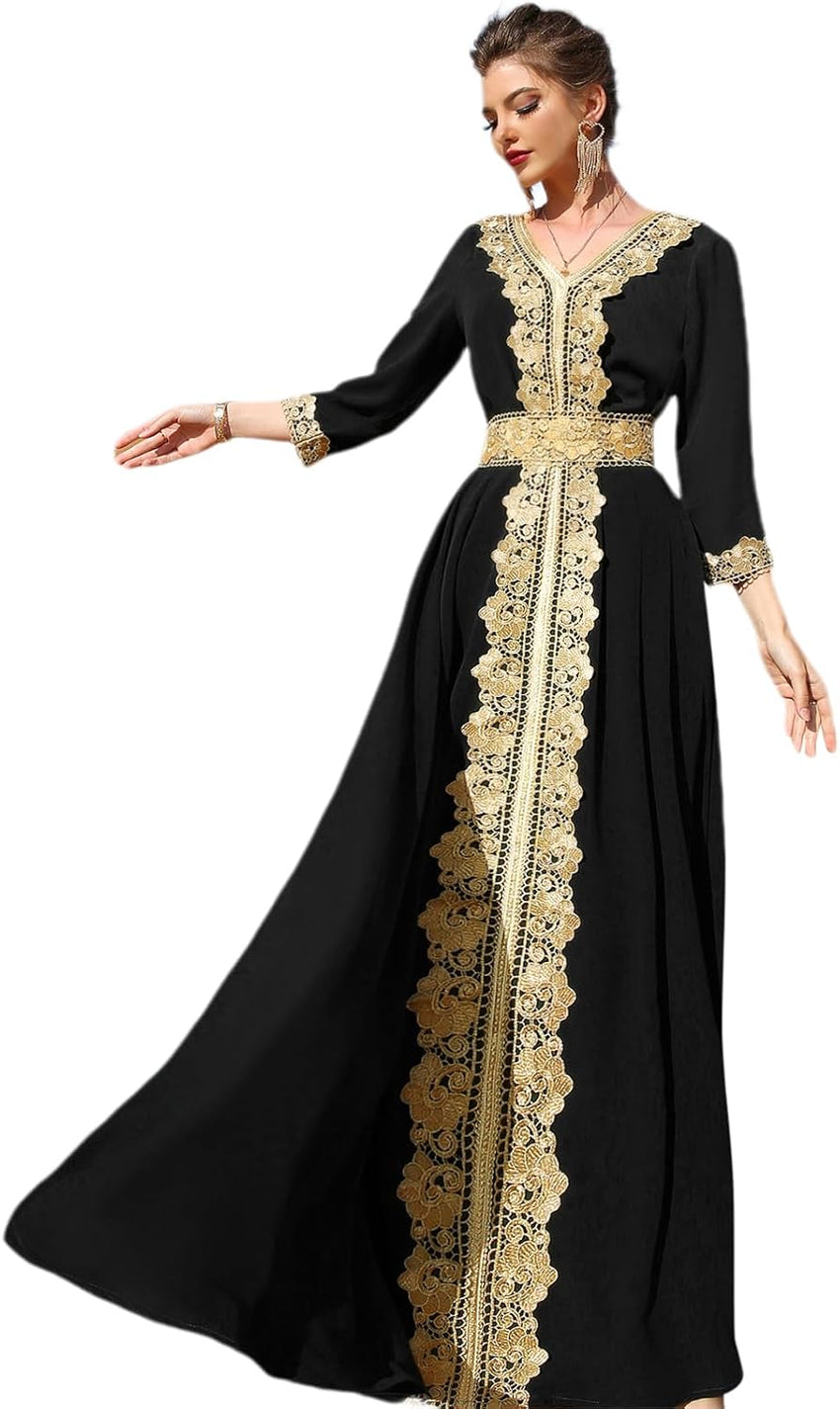 IDOPIP Embroidery Abayas for Women Muslim Moroccan Floral Maxi Kaftan Dress Arabic Islamic Dubai Robe Ramadan Prayer Clothes