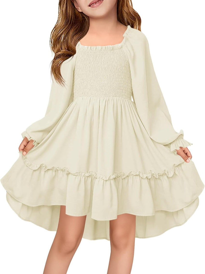 Haloumoning Girls Lantern Long Sleeve Dresses Kids Square Neck High Low Hem Smocked Fall Dress 5-14 Years