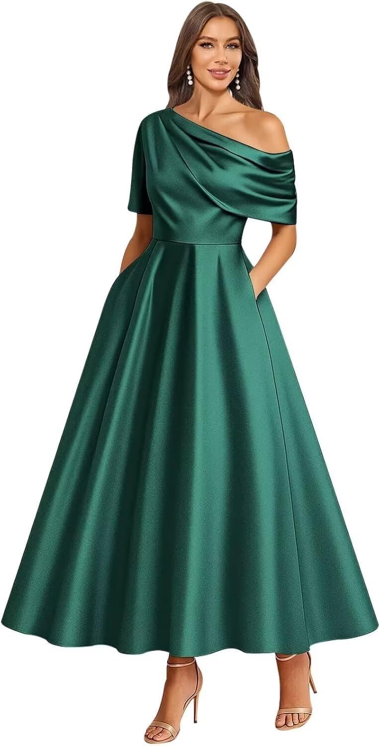 Tea Length Mother of Bride Dresses for Women Satin One Shoulder Wedding Guest Dress Formal Evening Party Gown with Pocket