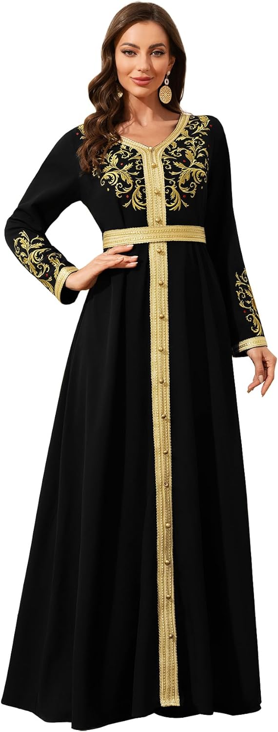 Elegant Muslim Dress with Gold Embroidered Evening Gown, Traditional Islamic Attire