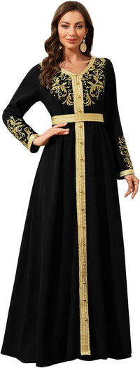 Elegant Muslim Dress with Gold Embroidered Evening Gown, Traditional Islamic Attire