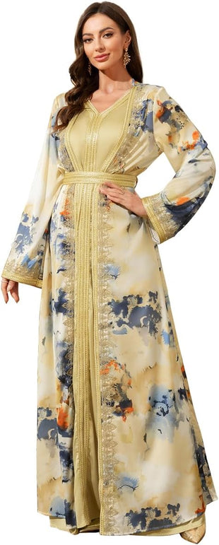 Abaya for Women Floral Embroidered Muslim Dress V-Neck Arabian Maxi Robe