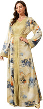 Abaya for Women Floral Embroidered Muslim Dress V-Neck Arabian Maxi Robe