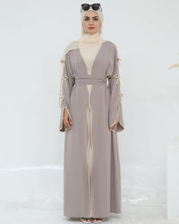 Elegant Flowy Muslim Cardigan Robe with Bow Accents Front Wave Design Abaya for Women Open Front Abaya with Belt