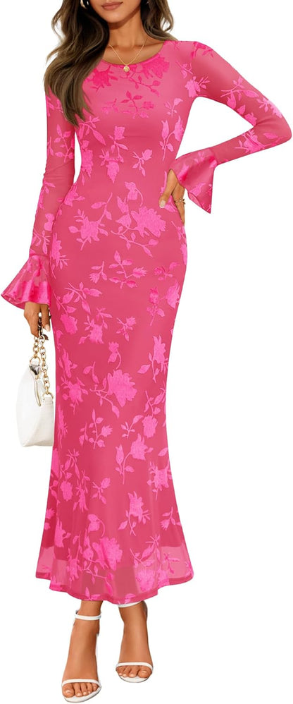 ZESICA Women's 2025 Bell Long Sleeve Floral Maxi Dress Fall Fashion Bodycon Mesh Wedding Guest Cocktail Party Dresses