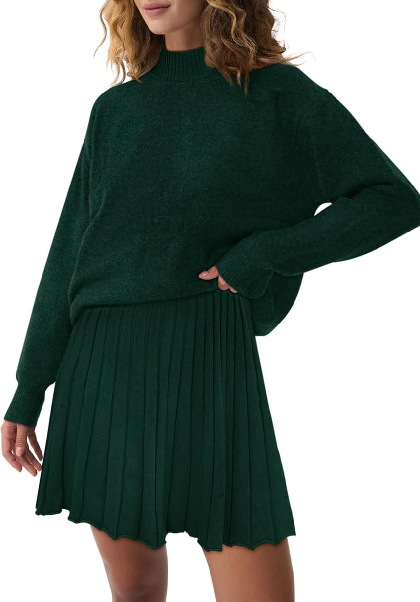 Women's Two Piece Outfits Turtleneck Long Sleeve Ribbed Knit Tops Pleated Mini Skirt 2025 Casual Sweater Sets