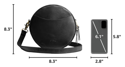 S-ZONE Leather Crossbody Bags for Women Circle Shoulder Round Purse Travel | Top Grain Leather, Keychain, Designer Handbag, Vintage, Multi Pockets, Detachable Strap, Eveyday Outing