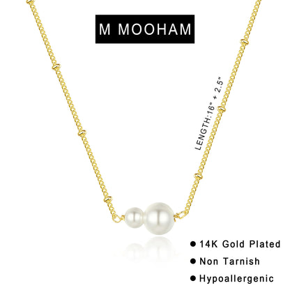 M MOOHAM Gold Necklace for Women Non Tarnish - Dainty 14K Gold Plated Beaded Chain Small Pendant Necklaces Simple Pearl Circle Beads Teardrop Pendant Necklace for Women Trendy Jewelry Gifts