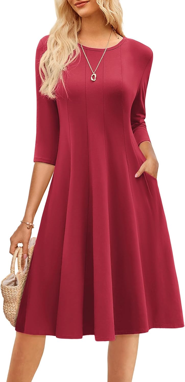 GRACE KARIN Fall Dresses for Women 2025 Casual 3/4 Sleeve Dress A Line Fit and Flare Midi Dress with Pockets