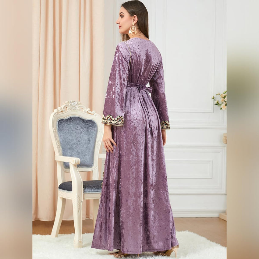 ODIZLI Muslim Kaftan Abaya Moroccan Fashion Autumn Winter Long Sleeve Velvet Dress for Eid Ramadan