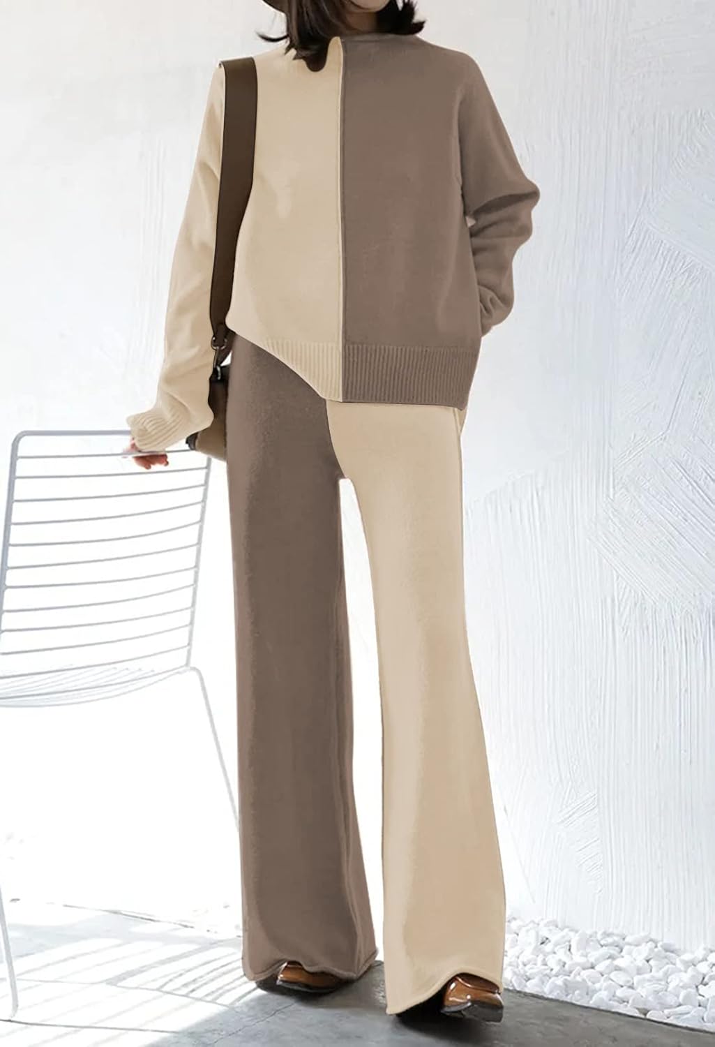Fixmatti Women's Sweater Set High Neck Long Sleeve Top and Wide Leg Pant 2 Piece Lounge Set